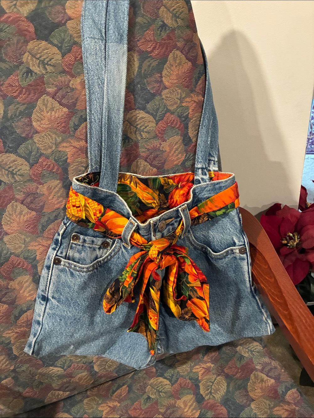 Levi's Denim Tote with Bright Orange Floral Scarf Accent